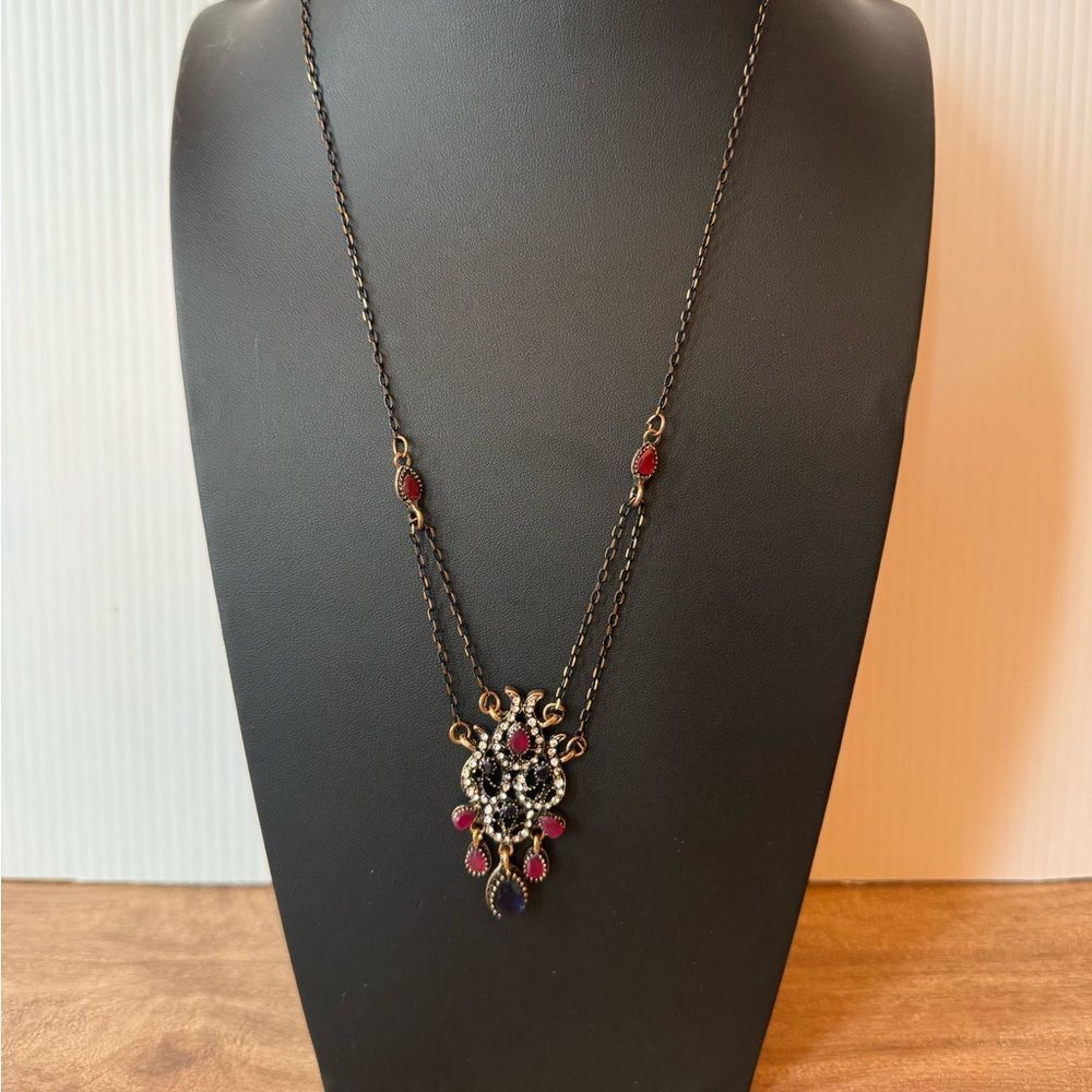 Victorian Regency Style Rhinestone Pendant Necklace Red Blue Dark Fairy Gothic